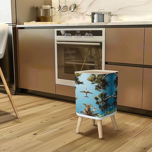 Small Trash Can with Lid Airplane Flight Tropical Vacations Wastebasket with Press Cover Dog Proof Garbage Can Waste Bin for Kitchen Bathroom Nursery 2.6 Gallon