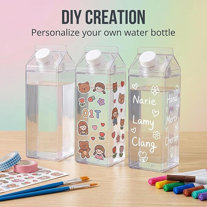 3 Pcs 64 Oz Large Clear Milk Carton Container with Brushes Labels and Pen Square Plastic Milk Water Bottle for Outdoor Camping or Climbing Tour