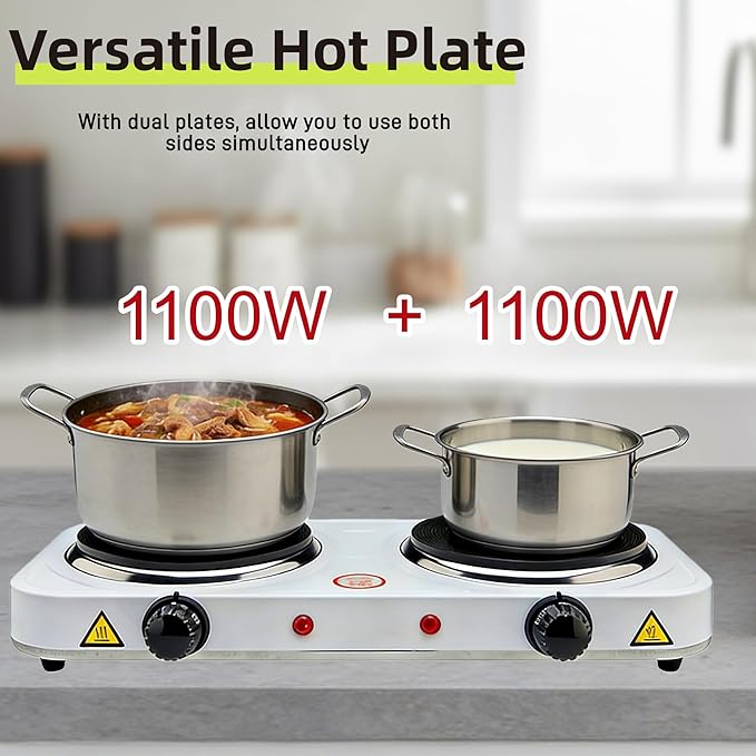 2200W Electric Hot Plate, Electric Cooktop with 2 Burner, Cast Iron Portable Burner Stove, Portable Electric Countertop Burner, Compact Double Burners for Cooking(white)
