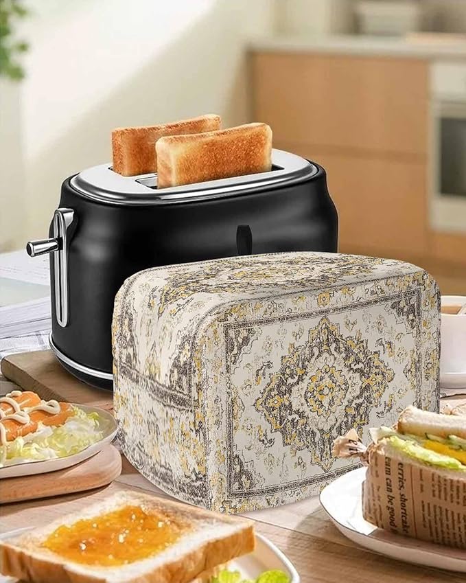 Beige Vintage Boho Toaster Cover 2 Slice, Ethnic Tribal Dustproof Bakeware Oven Protector with Top Hook, Geometric Abstract Waterproof Small Kitchen Appliance Toasters Dust Cover, 12"x7.5"x8"