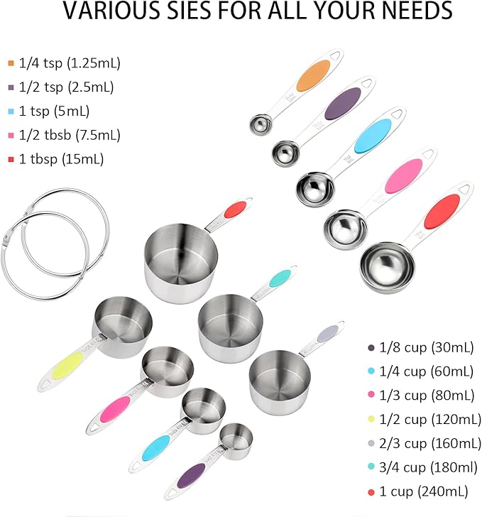 Magnetic Measuring Cups and Spoons Set, 12 Piece Stainless Steel Measuring Cups and Spoons Set, Nesting Kitchen Gadgets with Removable Clasp for Cooking & Baking (Colorful)