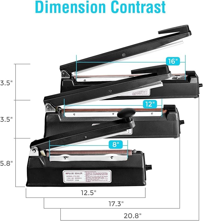 METRONIC 8 inch Bag Sealer, Black Impulse Heat Sealer for Plastic Bags, Poly Bag Sealing Machine with Repair Kit. Clean, Crisp and Fast Sealing Machine