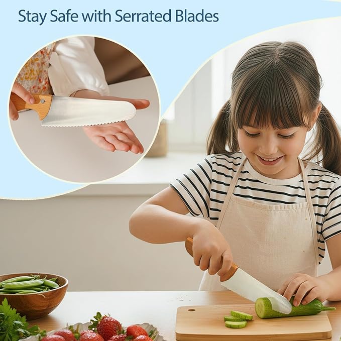 Kibbidea Kids Safe Knife set for Real Cooking, 11-Piece Kids Cutting Board & Kitchen Knife Set, BPA-free, Stainless Steel Blade, Wooden Handle, Peeler & Gloves, Serrated Child Friendly Chef Knives.