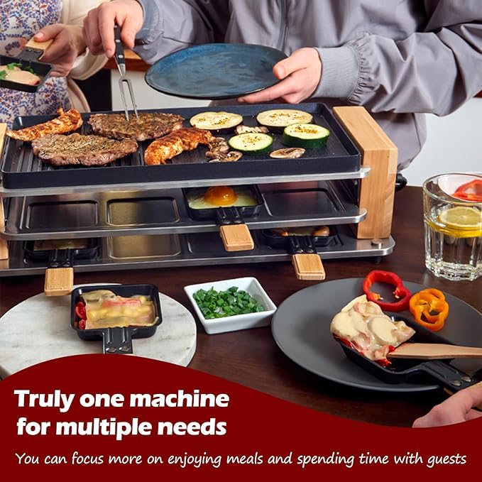 Raclette Table Grill, CUSIMAX Electric Indoor Grill, Korean BBQ Grill with Removable 2 in 1 Non-Stick Grill Plate, 8 Cheese Pans & Wooden Spatulas, Ideal for Parties, Wooden Base New Model