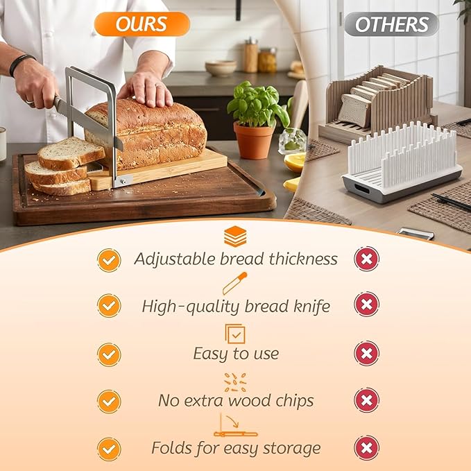 Adjustable Bread Slicer, Foldable Wood & Stainless Steel Guide for Homemade Sourdough, Sandwich & Artisan Loaves up to 6.3”, Space Saver for Small Kitchen, Includes Knife