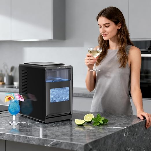 Kismile Crescent-Shaped Ice Maker Countertop, 16pcs in 10-15 Mins 26.5LB/Day, Self-Cleaning Portable Ice Machine with LED Display, Fast Ice Making for Seafood/Home/Office/Bar