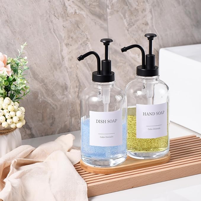 Glass Soap Dispenser with Pump, Dish and Hand Soap Dispenser for Kitchen Bathroom Set, Clear Glass Dispenser Set of 2 Pack with 18 Stickers Funnel Bamboo Tray 500ml 18oz / Each Bottle Sliver Pump