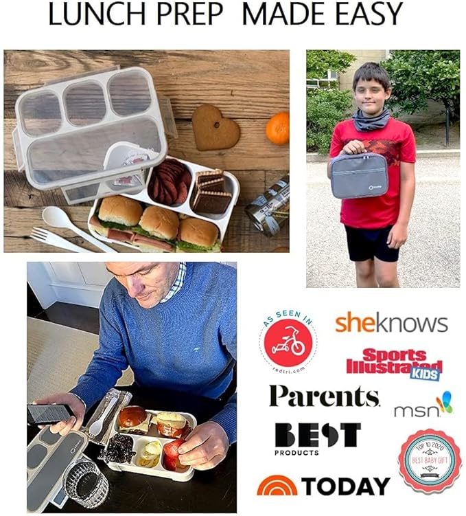 kinsho Lunch Boxes for Boys Teens Adults - Bento Box Set with Insulated Bag and Ice Pack, 4 Compartment Leak Proof Food Container, BPA-Free, Microwave Safe, Ideal for School & Work, Grey