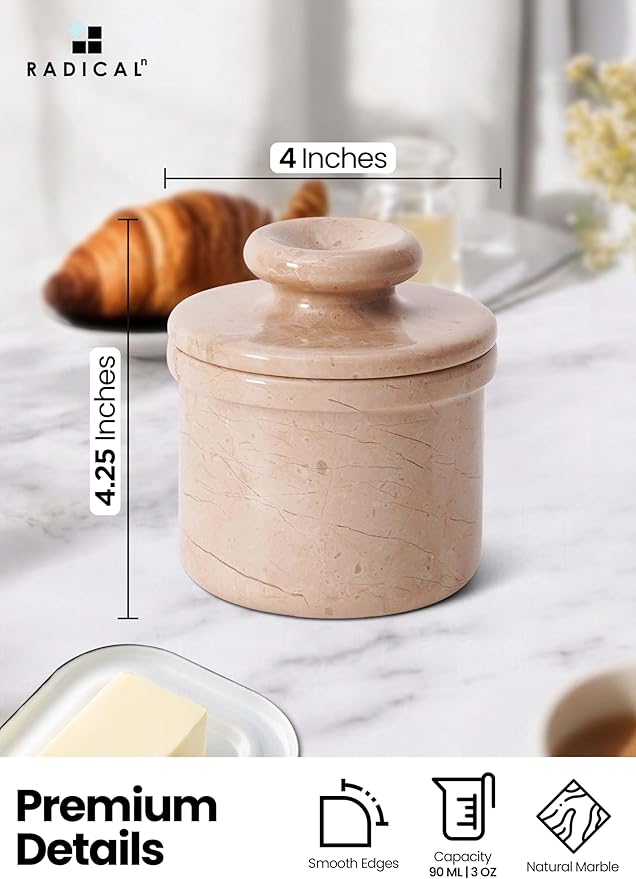 Radicaln Marble Butter Keeper 4.25'' Inches Verona Handmade French Butter Holder For Kitchen Counter Decor Ideal Butter Crock For Counter With Water & Butter Crock For Kitchen
