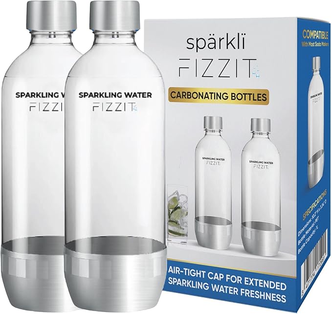 FIZZIT 1L Carbonating Bottles 2 Pack – Compatible with SodaStream,Terra Art, Aarke & Philips Soda Maker – BPA Free Reusable Sparkling Water Bottle – Replacement with Stainless Steel base & cap