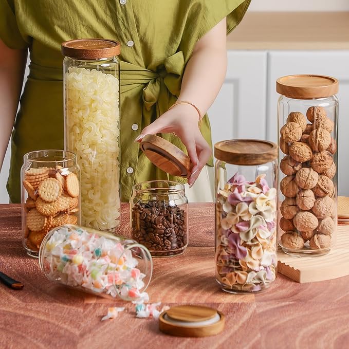 Glass Storage Jars with Acacia Wooden Lid Set of 3, 34 OZ High Borosilicate Glass Containers Kitchen Food Canisters s for Coffee Beans/Sugar/Tea/Nuts