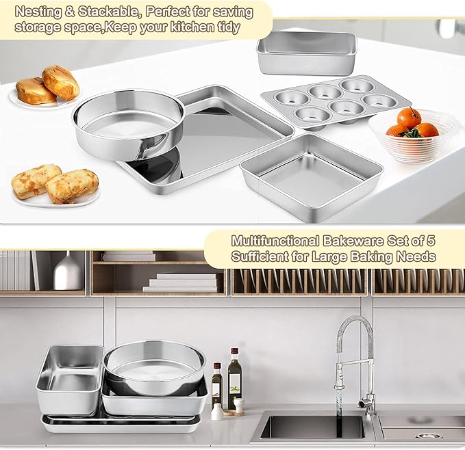 TeamFar Bakeware Sets, Stainless Steel Toaster Oven Baking Roasting Pans, Square/Round Cake Pan, Loaf Pan & Muffin Pan, Healthy & Heavy Duty, Smooth & Dishwasher Safe-5 PCS