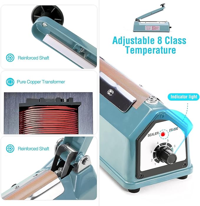 METRONIC Impulse Sealer 8 inch, Manual Heat Sealer Machine for Plastic Bags, Shrink Wrap Bag Sealers Heavy Duty Sealing Machine With Repair Kit, Blue(Pack of 6)