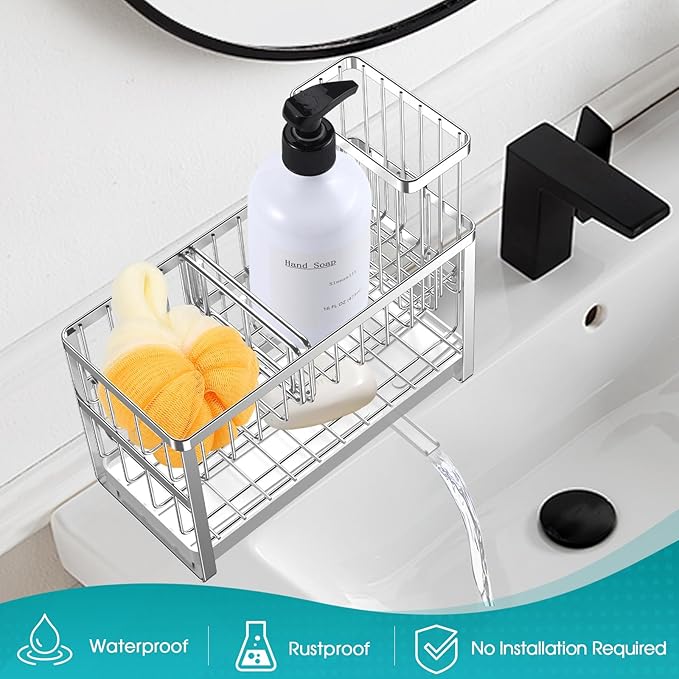 Sinnsally Kitchen Sponge Holder,2 Tier Sink Caddy Organizer with High Brush Holder,Stainless Steel Sink Box Dish Scrubber Holder,Soap Tray for Kitchen Counter Accessories & Storage Rack (Silver)