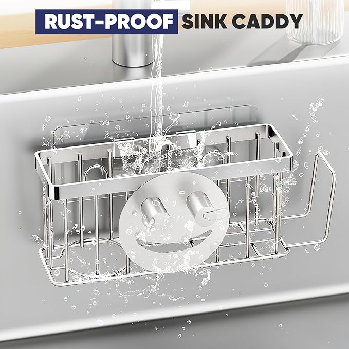Sponge Holder for Kitchen Sink,Sink Caddy Smiley Face,4-in-1 Sponge Holder with Suction Cups & 1 PCS Adhesive Strips for Holding Soap,Brush,Scrubber,Sponge,Stopper-Silver