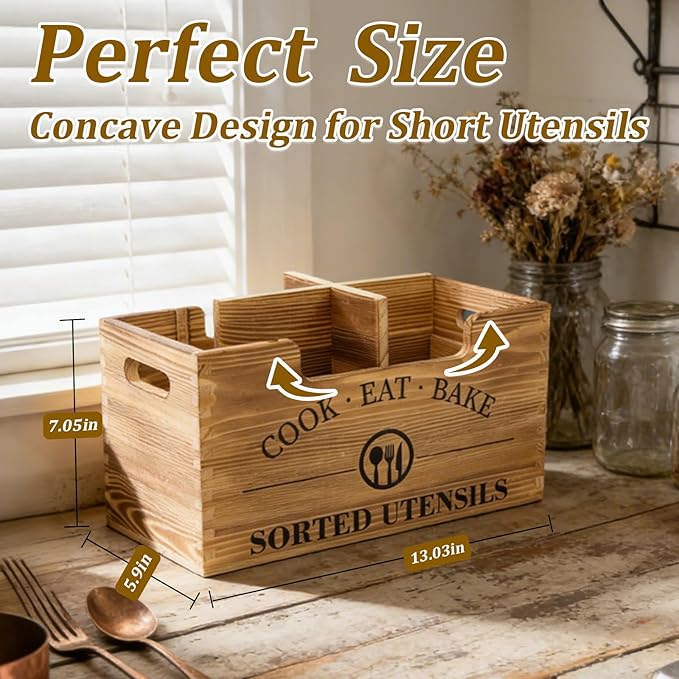 Upgraded Kitchen Utensil Holder for Counter or Countertop, Extra Large Utensil Holder with three Adjustable Combination Designs, Wooden Utensil Holder for Storage Cooking and Silverware