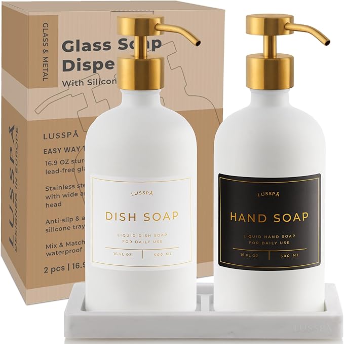 Glass Soap Dispenser Set of 2 (White) with Silicone Tray | Hand and Dish Soap Dispenser for Kitchen and Bathroom | 16.8 Oz Glass Bottles with Stainless Steel Pump & 15 Waterproof Labels (White/Gold)