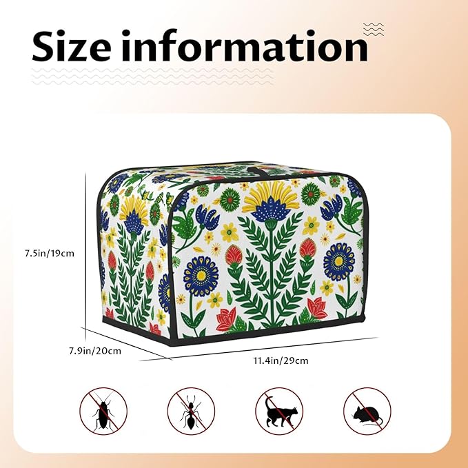 Mexican Folk Flowers Toaster Cover 2 Slice, Cute Rural Bread Machine Cover, Washable Dust-Proof Cover for Kitchen Small Appliance Cover,with Top Handle