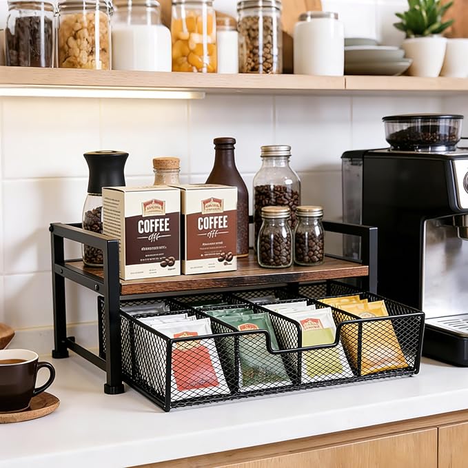 Tea Bag Organizer, Wooden Tea Storage Box with Metal Drawer, 8-Compartment Tea Bag Holder, Tea Station Display Case for Countertop Kitchen, Office, Pantry