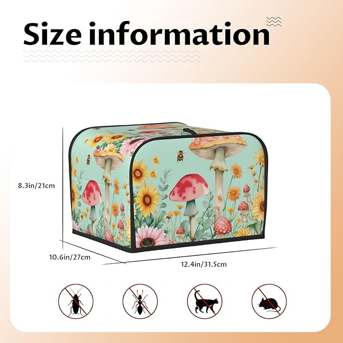 Pastel Sunflowers Mushrooms Covers for 4 Slice Toasters,Cute Country Bread Machine Cover with Handle,Washable Stain Resistant Kitchen Small Appliance Cover Dining Decor