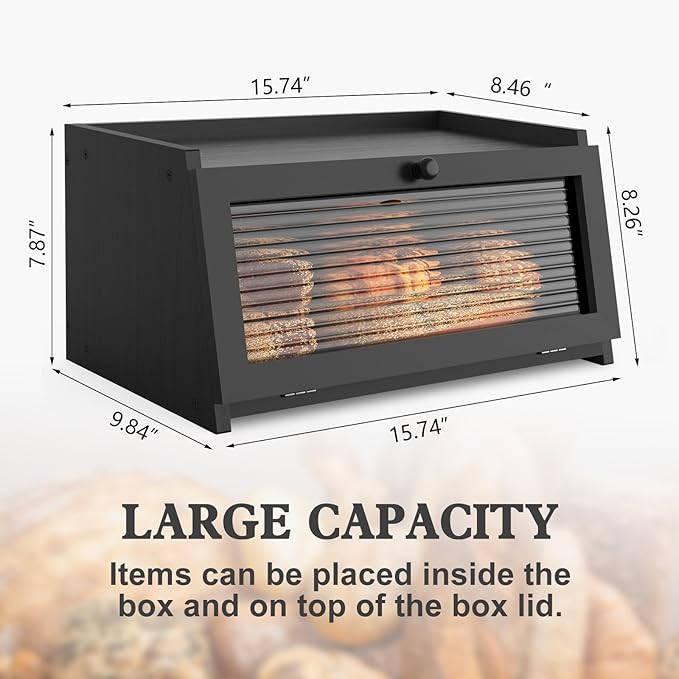 LOHASOK Bread Box for Kitchen Countertop Large Bread Box Farmhouse Bread Container Bread Storage with Window Bread Holder Black
