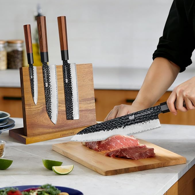 FINDKING 4PCS Kitchen Knife Set, Japanese Chef Knife Set with 9Cr18MoV High Carbon Steel Hammered Blades, Rosewood Octagonal Handles, for Meat, Fruits and Vegetables, Dynasty Series