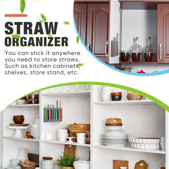 Qinyoung Acrylic Straw Holder for Cabinet Door with Double Sided Adhesive Tape Reusable Straw Organizer Tumbler Storage Kitchen Accessories Container for Counter Cupboard(White Lines,Large,Grey)