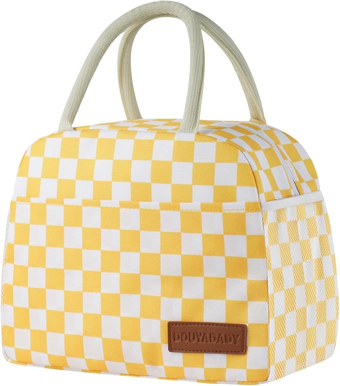 douyadady Lunch Bag Women/Men Lunch Box Women/Men (Yellow+White Checkerboard)