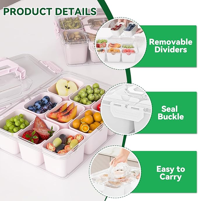 REBECAT Divided Serving Tray with Lid and Handles 9 Compartments Snack Box Container Charcuterie Organizer Snackle Box Container for Candy,Nuts,Fruits,Snacks,2 Pack,Pink