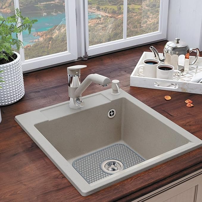 Bestjing Silicone Sink Protectors for Kitchen Sink with Center Drain,13.58''x 11.6'' Folding Non-Slip Heat Resistant Mat Grid for Bottom of Porcelain Stainless Steel Porcelain (Center Hole)