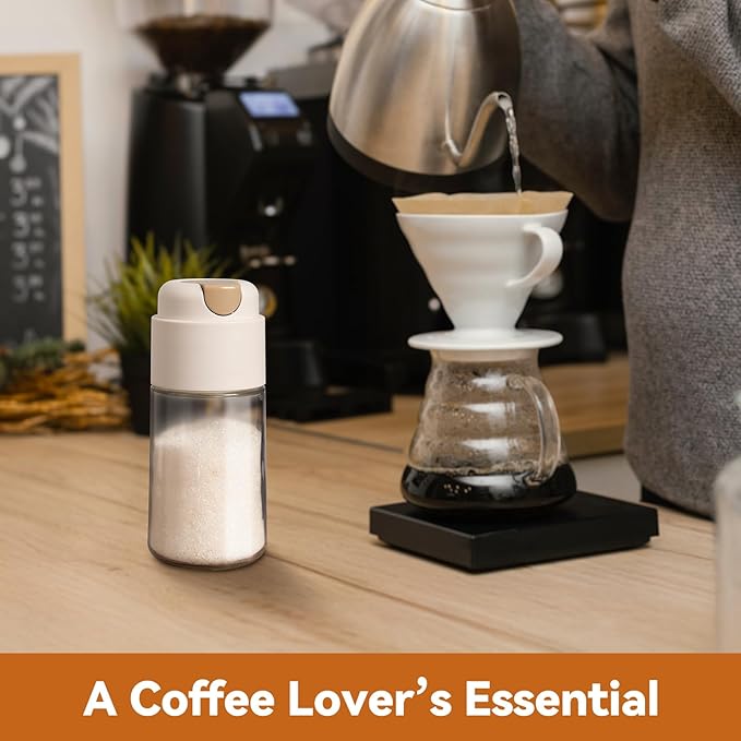 NiHome 10 OZ Sugar Dispenser with Automatic Pouring Switch for Home, Kitchen, Coffee Station, Glass Jar for Sugar, Coffee Creamer, Salt, Food-Grade Glass with Anti-Slip Ribbed Design