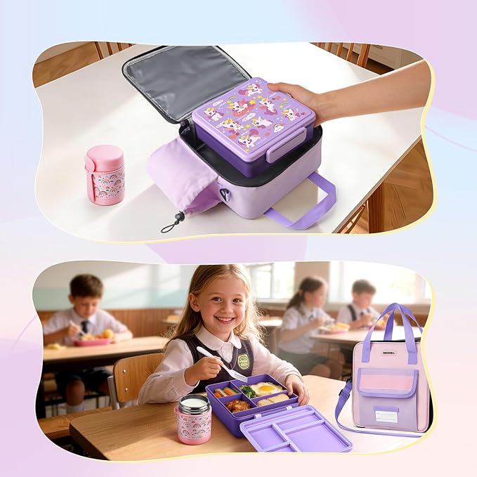 REDSHELL Bento Lunch Box for Kids Set, Leakproof Food Jar Pail with Insulated Bag, Toddler Snack Container Lunchbag for Girls Daycare, Back to School Lunchbox Kit, Includes Bottle Holder Strap, Purple