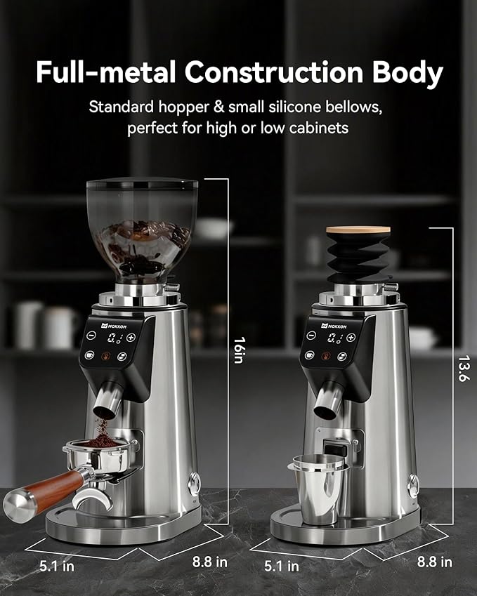 MOKKOM Professional 64mm Flat Burr Coffee Grinder with 100 Grind Settings, All-Metal Stainless Steel Body, Coffee Bean Grinder with Adjustable Electronic Timer, Anti-Static, LED Display