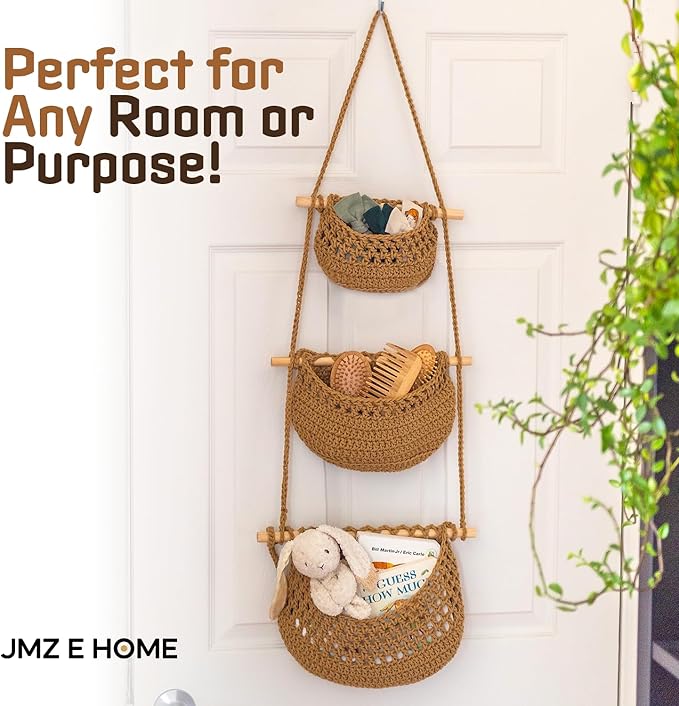Cotton Hanging Fruit Basket, 3 Tier Woven Wall Basket, Hanging storage baskets for Kitchen and Bathroom, Macrame Wall Hanging, Boho Decor Over The Door Organizer, Brown