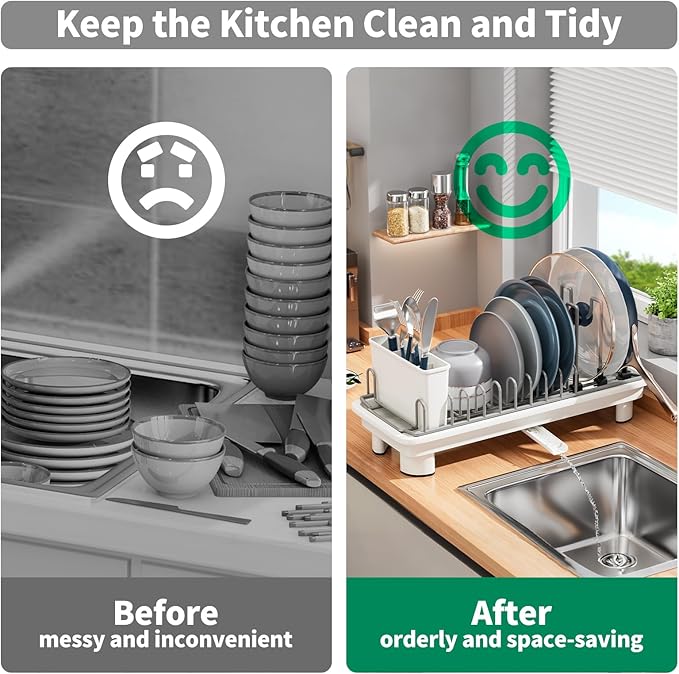 SanDream Small Dish Drying Rack with Removable Utensil Holder & Anti-Scratch Base - Stainless Steel Dish Rack, Dish Drying Rack with Drainage & Space Saving Design for Kitchen Counter, White
