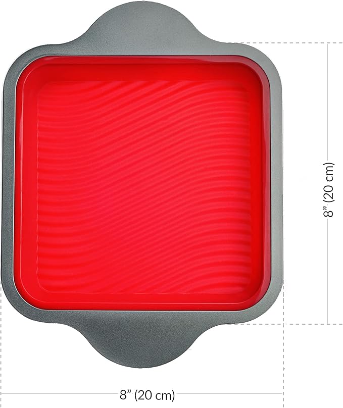 Baking Duo: Non-Stick Steel Jumbo 6 Cup Muffin Pan with Silicone Handles & Reusable Liners and 8x8 Inch Silicone Square Cake & Brownie Pan with Steel Frame Handles.