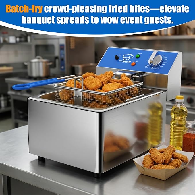 TOPKITCH 6L Electric Deep Fryer with Removable Oil Container and Handle, Solid Wire Mesh Basket and Lid, Lightweight Commercial Countertop Fryers - 120V 1800W