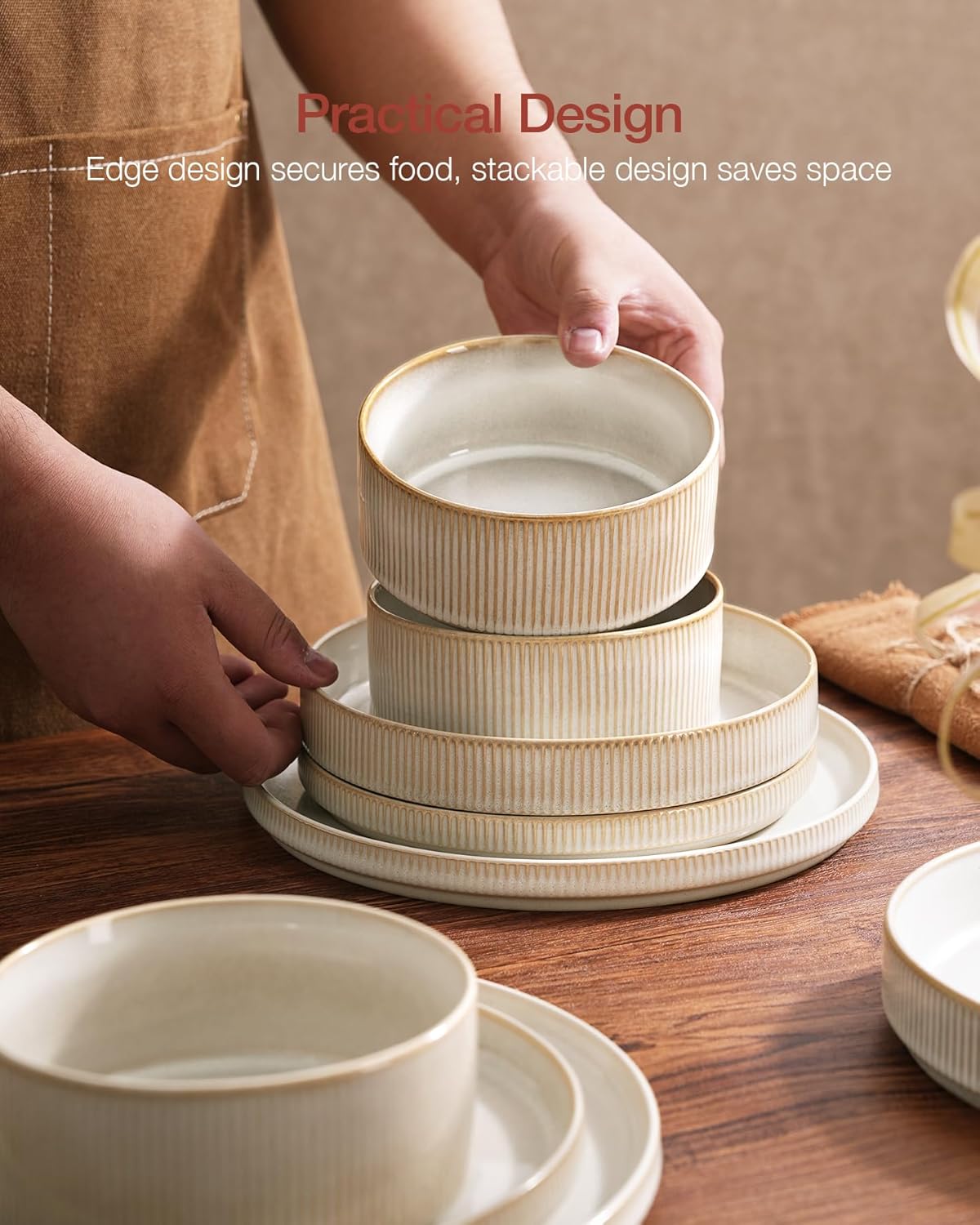 Famiware Star Dinnerware Set with Pasta Bowls, Service for 4 (16pcs), Ribbed Stoneware Plates and Bowls Dishes Sets - Chip & Scratch Resistant, Microwave & Dishwasher Safe, Cappuccino White