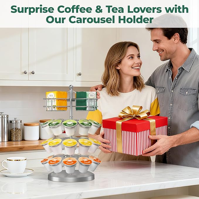 EsLuker.ly K Cup Holder Coffee Pod Organizer Carousel for Countertop, Rotatable Metal 4-Tier Storage Rack Stand for 30 K Cups & Tea Bags, Convenience Meets Elegance, Silver
