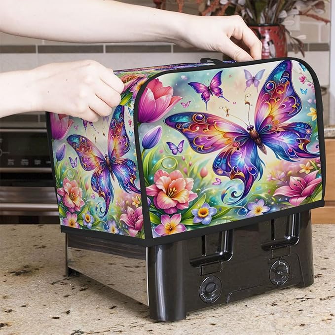 Colorful Flower Butterfly Toaster Cover 4 Slice Dust and Fingerprint Protection Toaster Bread Maker Covers Washable Kitchen Small Appliance Covers for Kitchen Accessories Decor Bakeware Women Gift