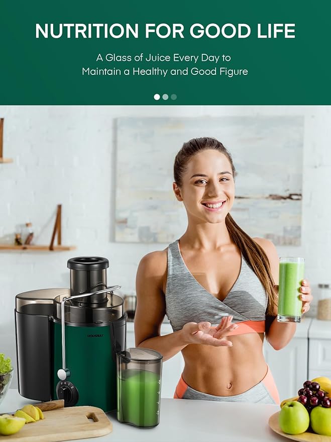 Juicer Machine, HOUSNAT Centrifugal Juicer,Extractor Max Power 800W Juice, 65MM Chute for Whole Fruit and Vegetables, Juice Extractor with 3 Speeds Quick Juicing, Easy to Clean, BPA Free, Green