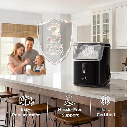 Nugget Ice Maker Countertop: 33lb/Day, Self-Cleaning, Black Stainless Steel, Portable, Soft Chewable Pebble Ice Machine for Home Kitchen, RV & Office