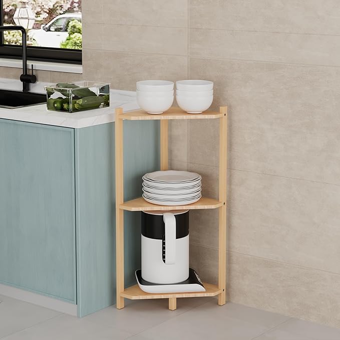 Wisuce Corner Shelf, 100% Real Bamboo Shower Corner Shelves Free Standing Shelf Storage Organizer for Bathroom Living Room Kitchen (Natural, 3 Tier)