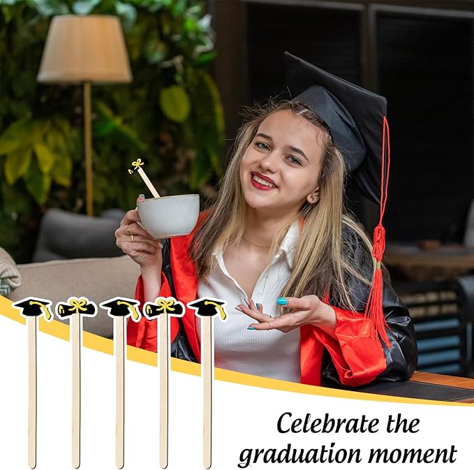 JarThenaAMCS 120Pcs Graduation Coffee Stirrers 2026 Grad Black Hat Diploma Disposable Stir Sticks Wooden Drink Stirrers for Home Office Bar Restaurant Party Supplies