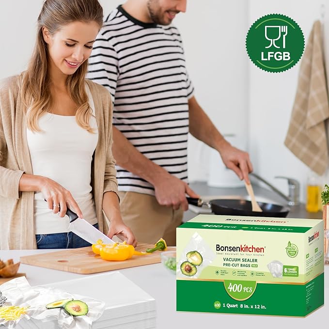 Bonsenkitchen Vacuum Sealer Bags,400 Quart 8" x 12" Precut Food Sealer Bags, Commercial Grade, BPA Free, Heavy Duty, Customized Size Vacuum Bags for Vac Storage, Meal Prep or Sous Vide Cooking, VB14
