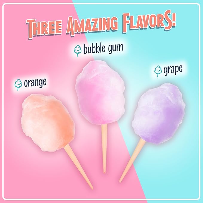 Nostalgia Cotton Candy Flossing Sugar (3-Pack), Grape, Pink Bubble Gum, Orange - Three 16-oz Bottles of Cotton Candy Sugar Mix - 96 Small to Medium Cone Servings