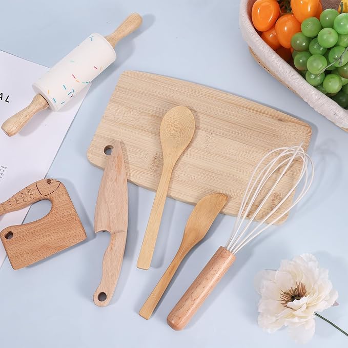 7 Pieces Wooden Kids Knife Toddler Knife Set Toddler Cutting Board And Knife Set for Real Cooking Kitchen Tools for Toddlers for Cutting Veggies Fruits Salad Cake