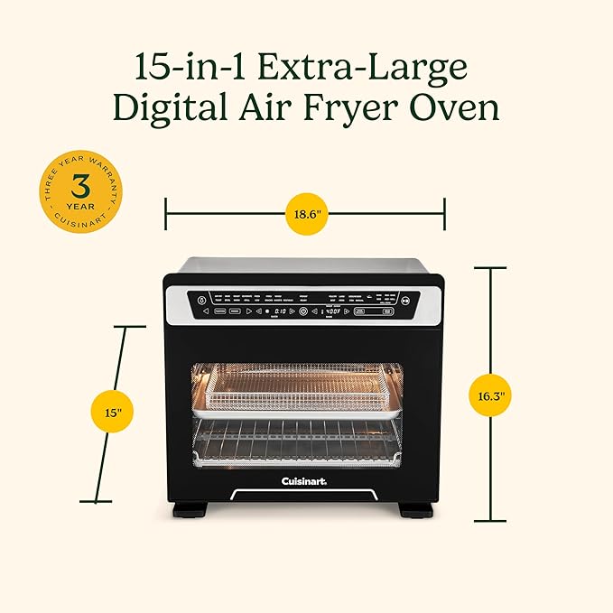 Cuisinart 15-in-1 Extra-Large Digital Air Fryer Oven with 9"x13" 2-in-1 Pan, Air Fry 4 Lbs of Wings, Cook a 13 Lb Turkey or 5+ Lb Chicken, Toast 9 Slices of Bread, and Bake a 13" Pizza, TOA-112