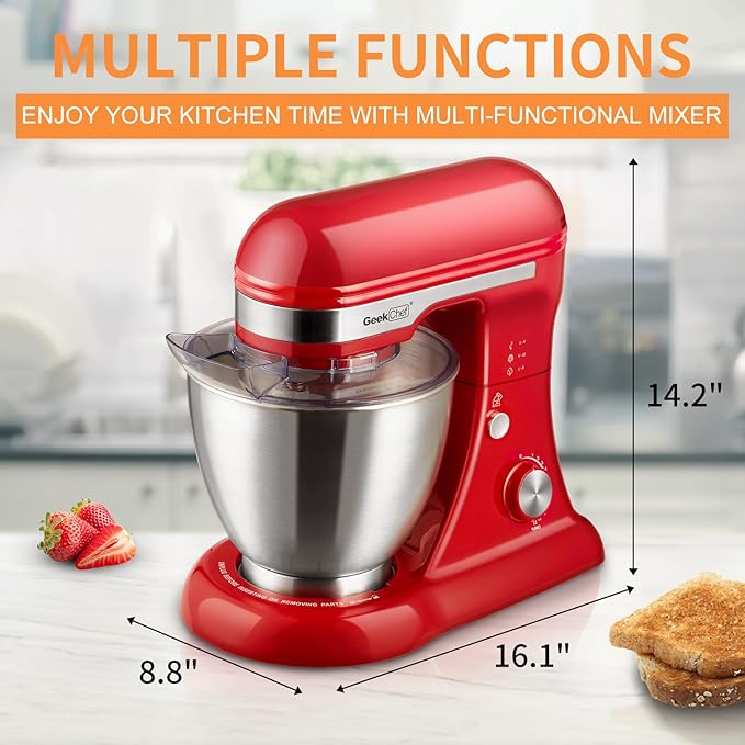 Geek Chef Electric Stand Mixer, 4.8QT 12 Speeds Tilt-head Food Mixer with Dough Hook, Whisk, Beater, Bowl, Rotary Knob for Home Kitchen Use, Bright Red