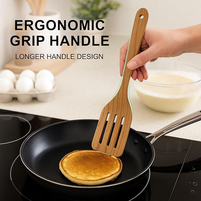 9 Pack Best Wooden Spoons Non Toxic Cooking Utensil Set with Utensils Holder Kitchen Slotted Turner Spatula Set Acacia Wood Utensils for Cooking Spoon Scraper Spurtle Bamboo Flat Egg Flipper Spatulas